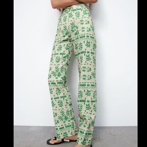 Printed linen pants green and beige XS